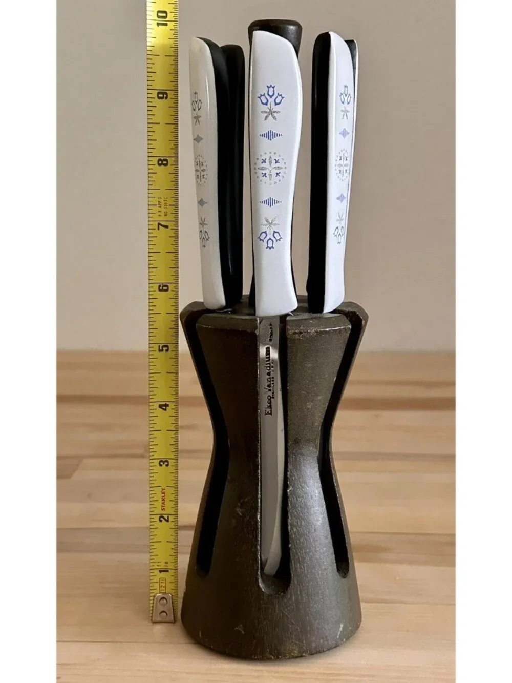 6 Vintage EKCO Vanadium Dutch Tulip Steak Knives USA Hollow Ground Set w Holder